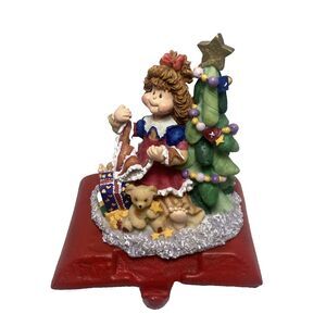 Vtg Cast Iron Resin Stocking Holder Little Girls with Christmas Tree Teddy Bear